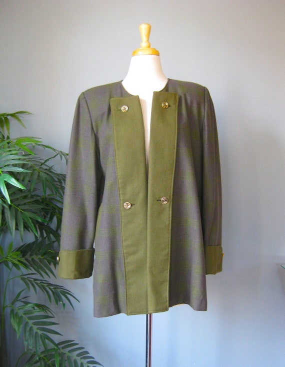 Green Plaid Long Blazer / Vtg /Bella Vista Gray an