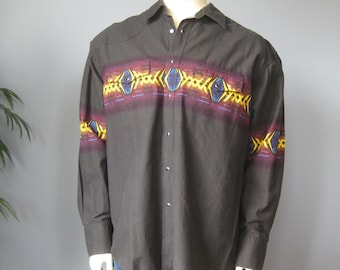 Wranglers Western Shirt / Vtg / Brush Popper Snap front Shirt black southwestern design