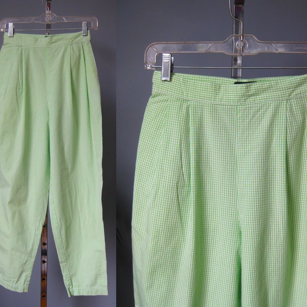 Baggy Trousers / Vtg 90s / GAP High waisted  pastel Green gingham Cotton Pants tiny check print