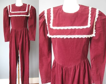 Gunne Sax Jumpsuit / 70s / Burgundy Baby Cotton Corduroy Jumpsuit with lace trim