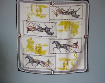 Harness Racing Silk Scarf / Vtg / Trotters Theme black gray and gold large square silk scarf