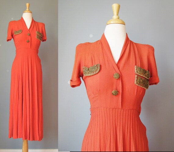 Orange Short Sleeve Dress / Vtg 30s 40s / Rust Ora