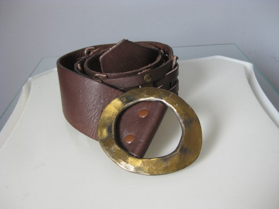 Brown Leather Belt / Vtg / Wide Woven Brown leath… - image 1