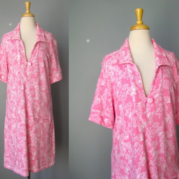 Lilly Pulitzer Terry Housedress / Vtg 90s / Pink Short Sleeved Dress Henley neckline big pockets