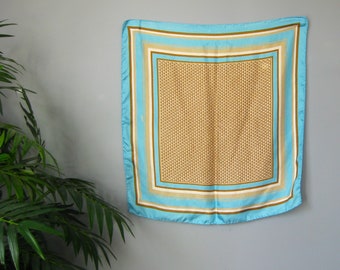 Silk Charmeuse Scarf / Vtg / Sky Blue & Tan circles and straight lines hand rolled