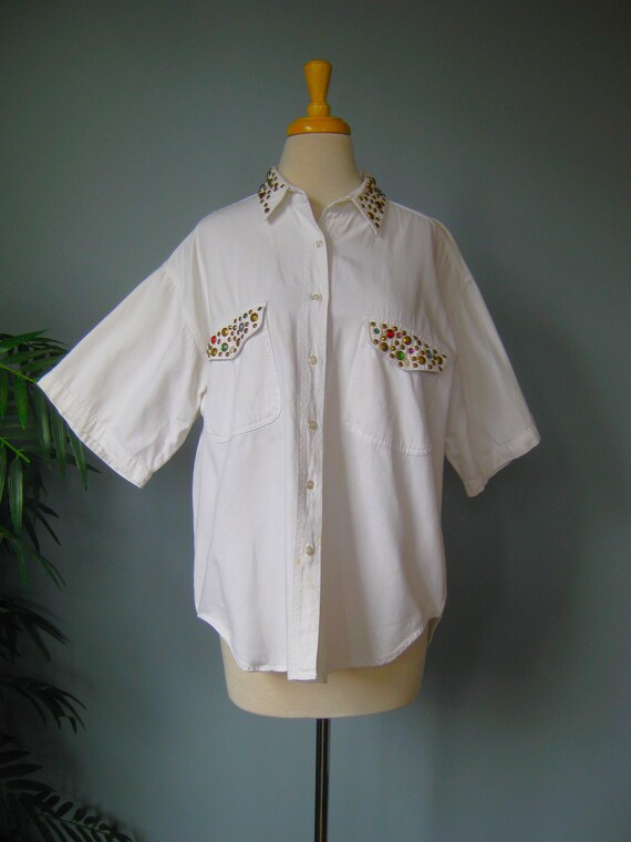 Jeweled Cotton Shirt / Vtg 70s / Cotton Express Wh