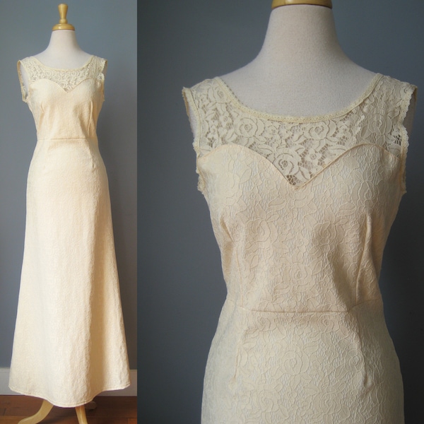Ivory Lace Gown / Vtg 90s / Miusol fitted floor length cream lace gown