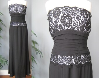 Lace Evening Gown / Vtg 00s / Tadashi Silk Gauze and lace column gown / evening dress