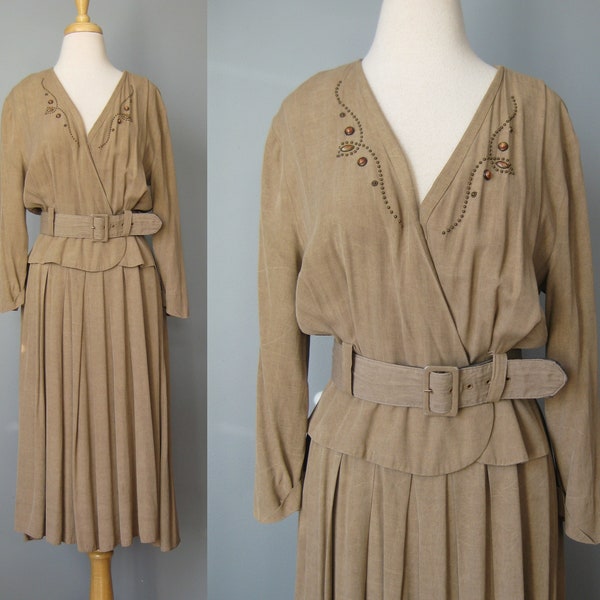 Peplum Dress / Vtg 80s / Impulsive Tan Taupe Studded Dress with matching belt and buttons in the back