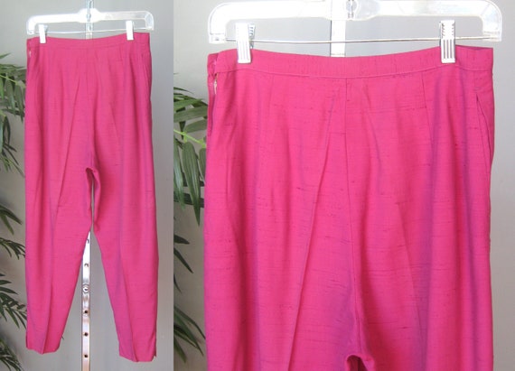Tapered Trousers / Vtg 60s / Hot Pink shantung pa… - image 3