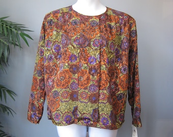 Silky Print Top / Vg 70s / NOS Point Line Medallion paisley pullover shirt / business / orange brown