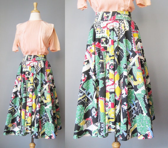Cotton Circle Skirt / Vtg 40s / Novelty Print Full