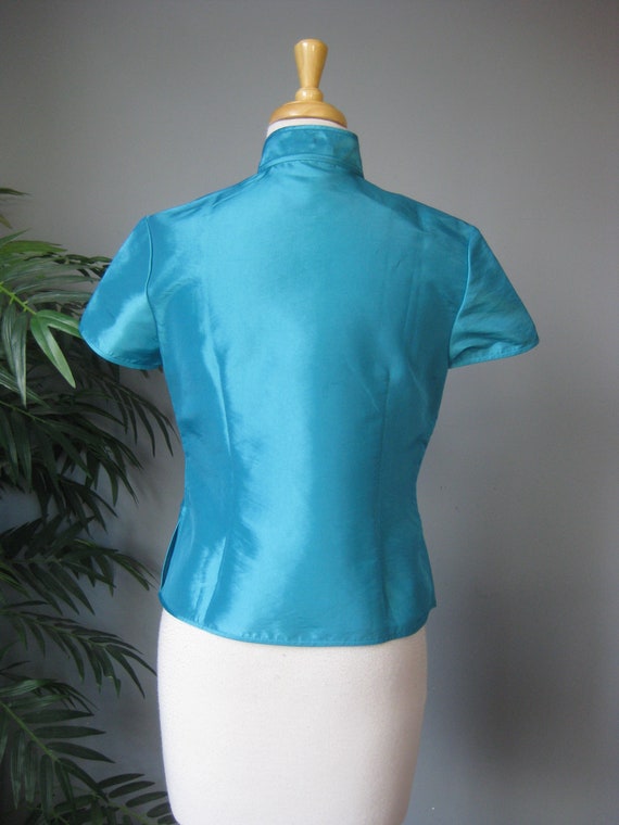 Chinese Style Blouse / Vtg / Turquoise Blue Silk … - image 4