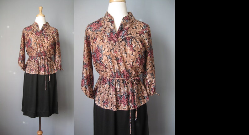 Black Floral Peplum Dress Vtg 70s Knit 2 piece look black floral peplum dress