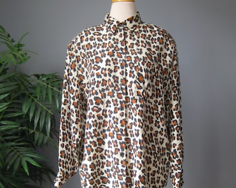 Animal Print Silk Shirt / Vtg 80s / Robert Stock Black Brown White Animal print button down blouse