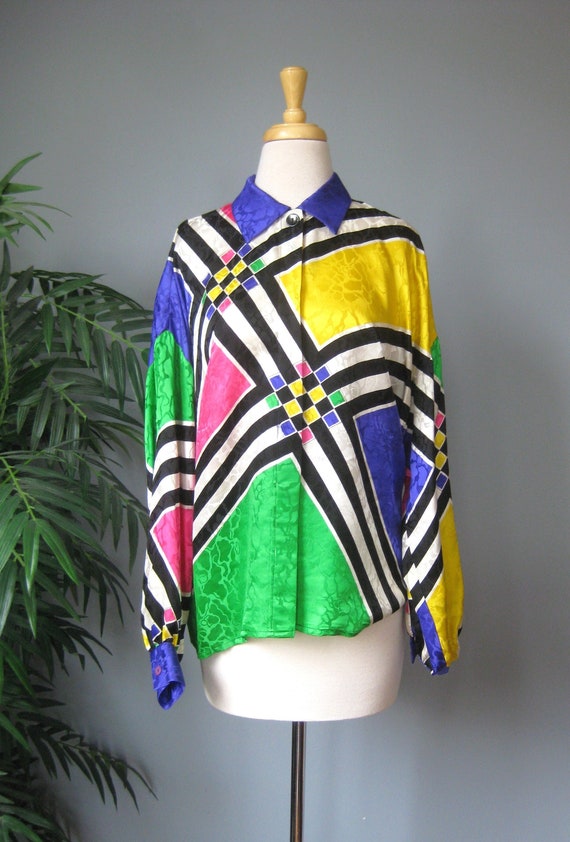 Colorful Silk Blouse / Vtg 90s / Adrianna Papell C