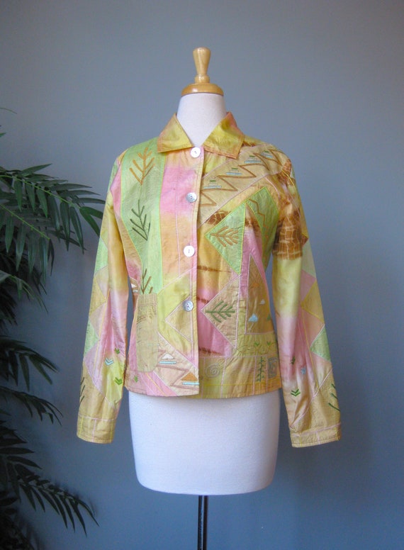 Silk Jacket / Vtg 80s / Soft Pastel Patchwork jack