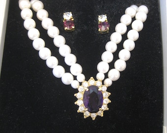 Rhinestone Jewelry  / Vtg / Avon Necklace & Earrings / Amethyst pearls garnet stud earrings