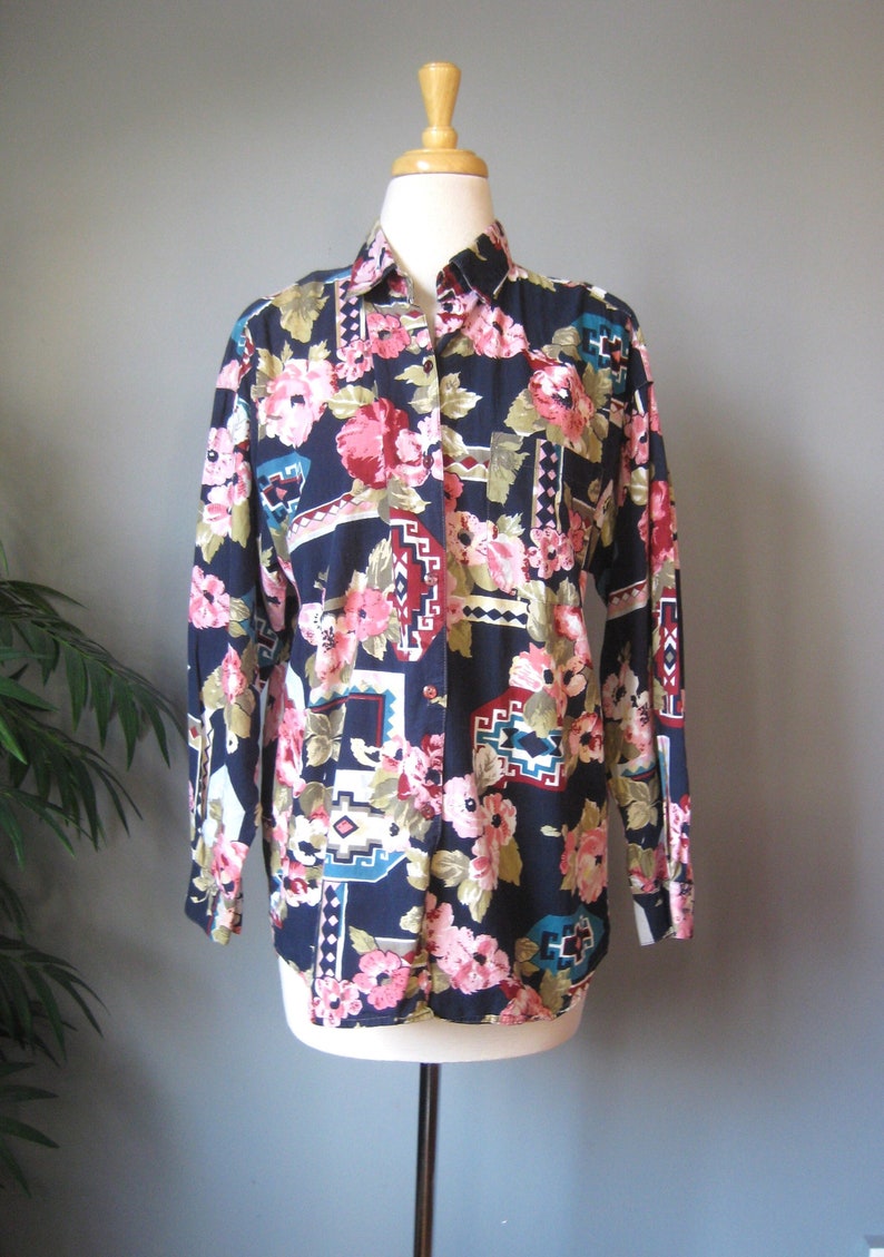 Floral Print Buttondown / Vtg 80s / Forenza Cotton Shirt Navy with print flowers soutwestern image 1