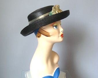 Chapeau de paille à large bord bleu marine et doré / VTG / Chapeau d'été sur mesure Miss Bernier Bleu marine avec bordure dorée, ruban gros grain sur mesure