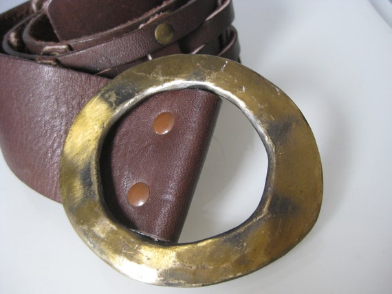 Brown Leather Belt / Vtg / Wide Woven Brown leath… - image 2