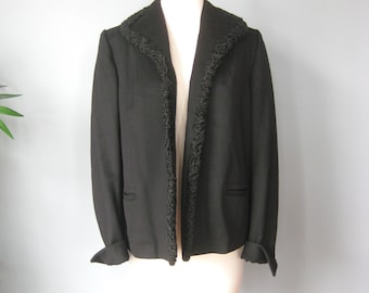 Cropped Jacket / Vtg 50s / Black Wool Felt open cardigan jacket with Persian Lamb trim