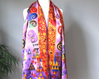 Silk Scarf / Vtg  / Jewel Tone Oblong Silk Scarf / Made in Austria / purple gold red orange handrolled 64" x 16"