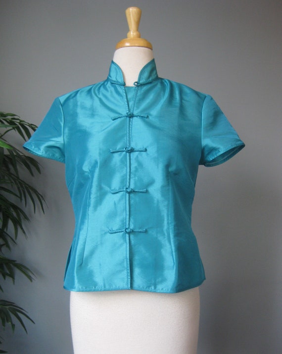 Chinese Style Blouse / Vtg / Turquoise Blue Silk … - image 1