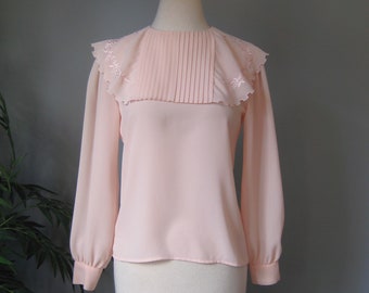Pastel Blouse / Vtg 70s / Josephine Embroidered Pastel Pink Pleated Capelet Blouse
