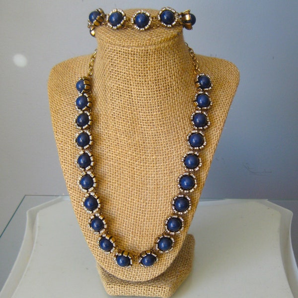 Leslie Danzis Set / Vtg / Blue Gold necklace and bracelet with rhinestones