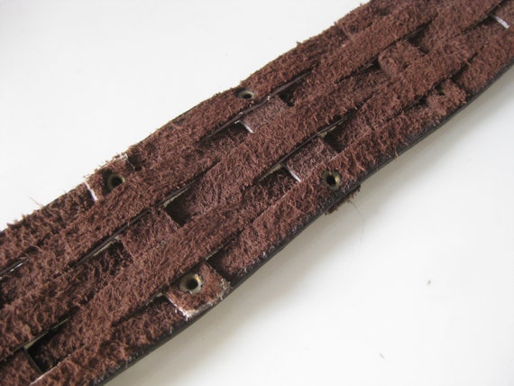 Brown Leather Belt / Vtg / Wide Woven Brown leath… - image 3