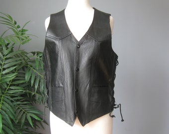 Motorcycle Vest / Womens Black Leather Motorcycle Vest Snap front lace up sides