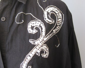 Gitano Embroidered Western Shirt / Vtg 80s / Black western shirt with silver sequin scroll embroidery