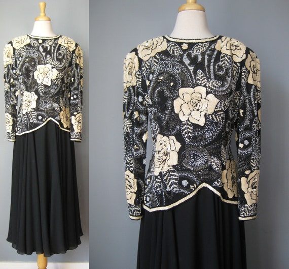 Sequined Chiffon Gown / Vtg 90s / Black Tie Black 