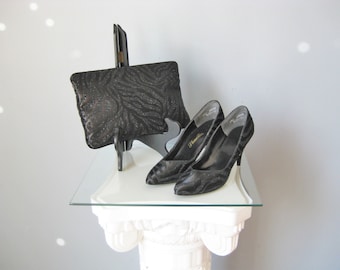 NOS Evening Bag and Shoes / Vtg 60s 70s / Black Glitter Zebra clutch on chain with matching stiletto pumps