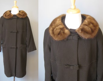 Brown Wool Coat with bows / Vtg 60s / Mod Dark Brown Wool Coat with Mink Collar