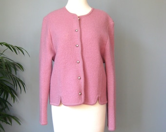 Pink Cardigan / Vtg 80s / Ashley Boiled Wool Mauve Sweater w silver buttons