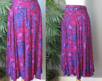 Floral Midi Skirt  / Vtg 80s / Handmade Purple Pink rayon midi skirt