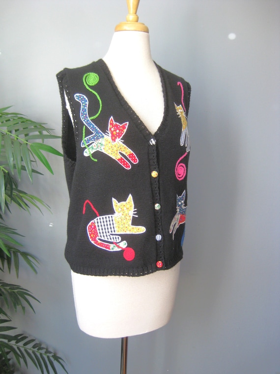 Susan Bristol Knit Vest / Vtg 90s / Black Cotton V