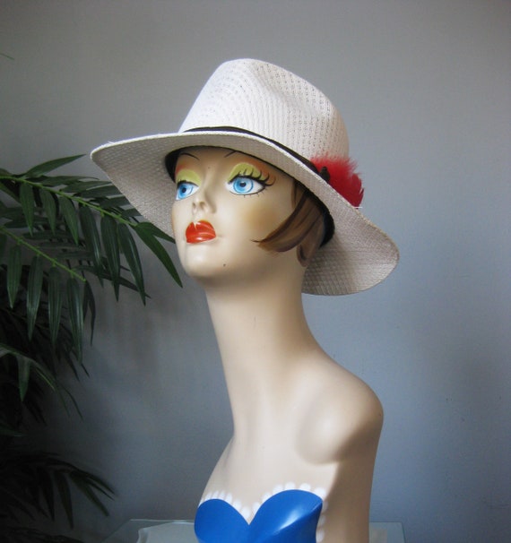 Straw Hat / Vtg / White Mexican firm body straw f… - image 1