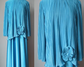 Micro Pleated Turquoise Gown / Vtg 80s / Mr Jay two piece look  micro pleat dress big flower accent