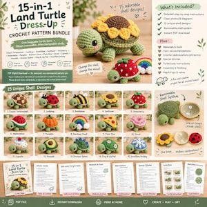15-in-1 Land Turtle Dress Up Crochet Pattern, Removable Shells, Amigurumi Plushie, Sunflower Turtle