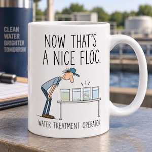 May include: A white ceramic mug featuring a cartoon of a water treatment operator looking at four beakers on a table. The text reads "NOW THAT'S A NICE FLOC." and "WATER TREATMENT OPERATOR" in black lettering. The design includes a blue cap and blue clothing.