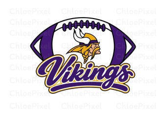 May include: A graphic illustration featuring a stylized football shape in purple and white, containing a Viking character with a yellow helmet and horns. The word Vikings is written in a bold, purple, cursive font with a yellow outline below.