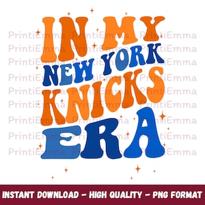 May include: A graphic design featuring the text IN MY NEW YORK KNICKS ERA in a bold, wavy, retro-inspired font. The words are colored in alternating orange and blue, accented by small, scattered four-pointed stars throughout the composition.