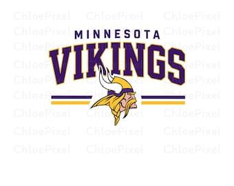 May include: A graphic logo featuring the text MINNESOTA VIKINGS in bold purple letters with a yellow outline. Below the text is a stylized illustration of a Viking head wearing a horned helmet in purple, yellow, and white, centered above a line.