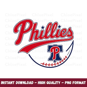May include: A graphic design featuring the word Phillies in red script with a blue outline and two blue stars above it. Below the text is a stylized baseball graphic with a blue Liberty Bell icon containing a red letter P in the center.