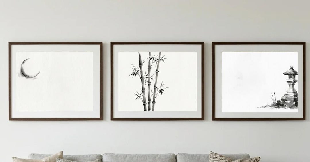 Japanese Zen Wall Art Set of 3, Moon Bamboo Lantern Print, Sumi-e Ink ...