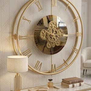 Chakra Series Gold Metal Wood Moving Gears Wall Clock (60x70 cm)