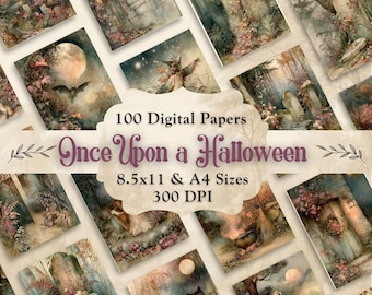Once Upon a Halloween Digital Paper, Fairytale Watercolor Junk Journal Pages (Digital Download)
